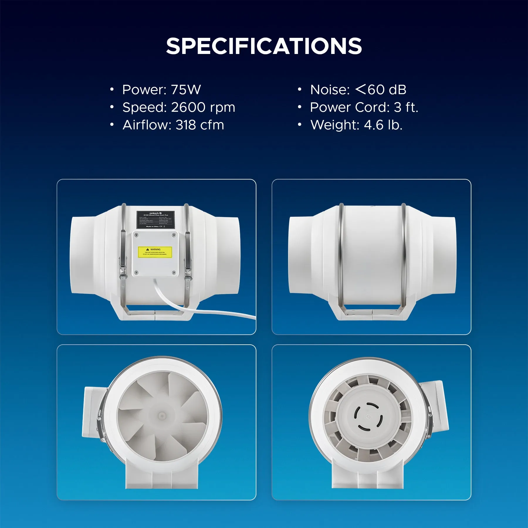 6” Inline Duct Fan, 318 cfm Ventilation Exhaust Fan with Quiet 75W AC Motor