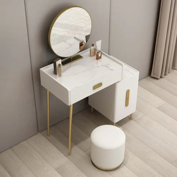 narrow Modern Off-white Makeup Vanity Table with Mirror & Side Table