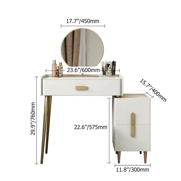 narrow Modern Off-white Makeup Vanity Table with Mirror & Side Table