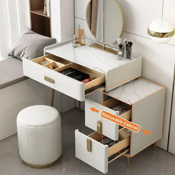 narrow Modern Off-white Makeup Vanity Table with Mirror & Side Table