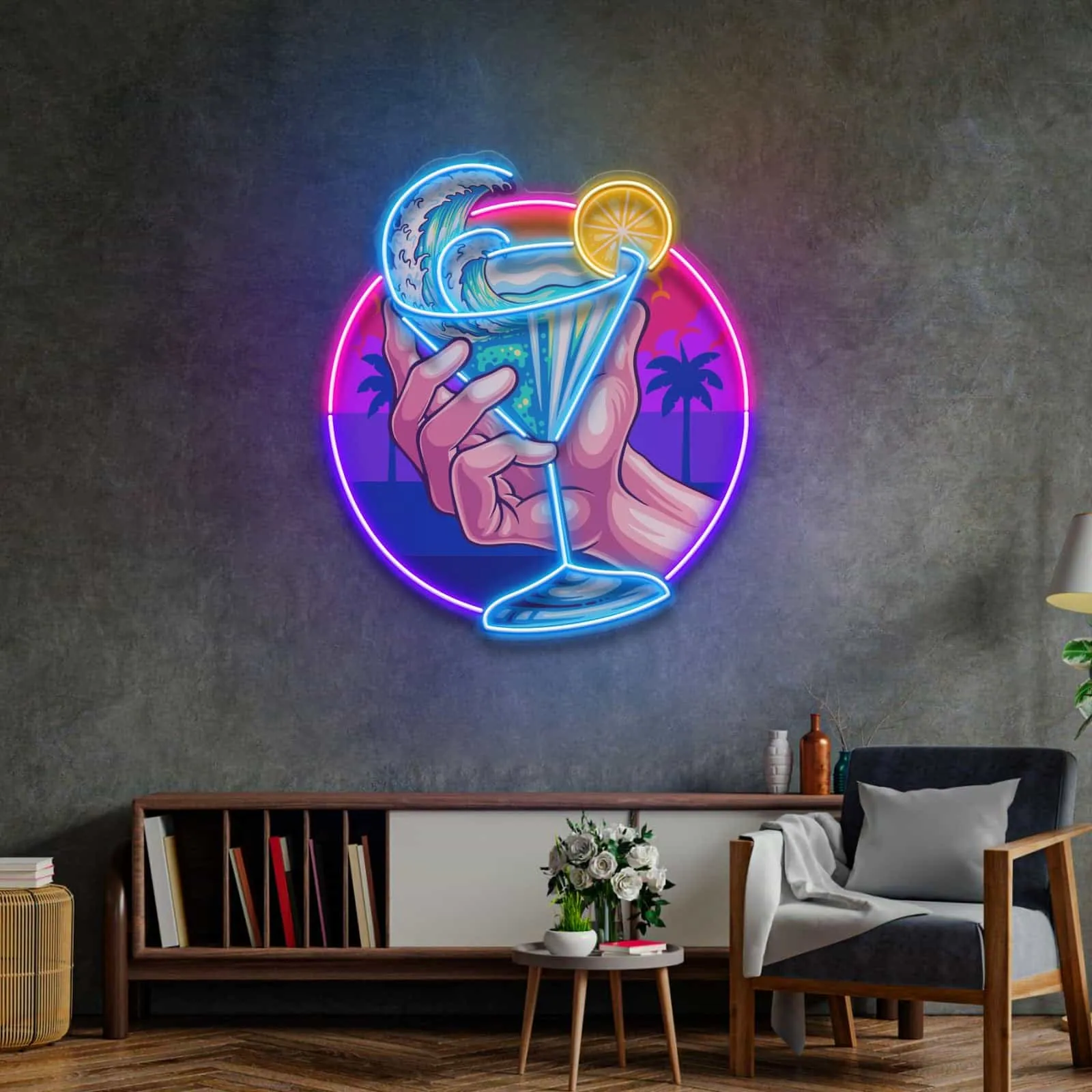 Tropical Cocktail Neon Sign,Ocean Waves and Vibrant Colors – Perfect for Beach Bars, Lounges, and Home Bars