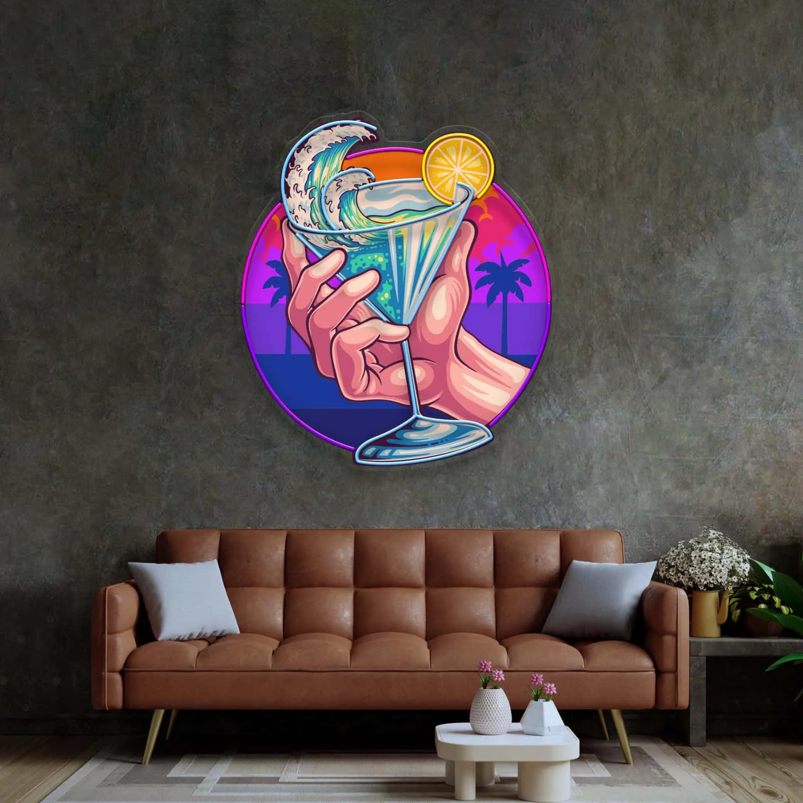 Tropical Cocktail Neon Sign,Ocean Waves and Vibrant Colors – Perfect for Beach Bars, Lounges, and Home Bars