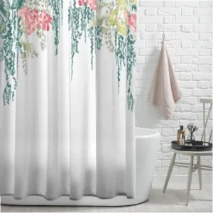 White & Green Floral Print Shower Curtain